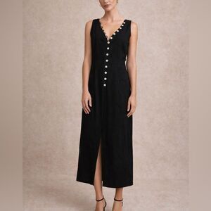 Vintage Jean Paul Black Button Front Midi Dress Sleeveless Tie Back Size M